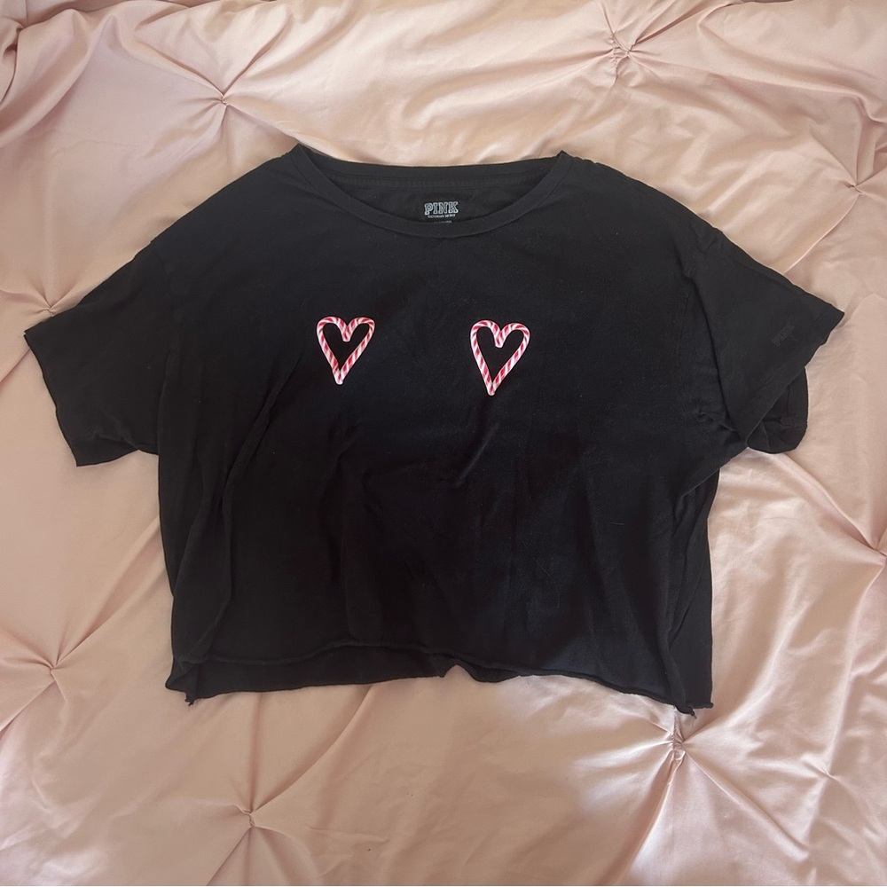 VS PINK Black Crop Top with Candy Cane Hearts